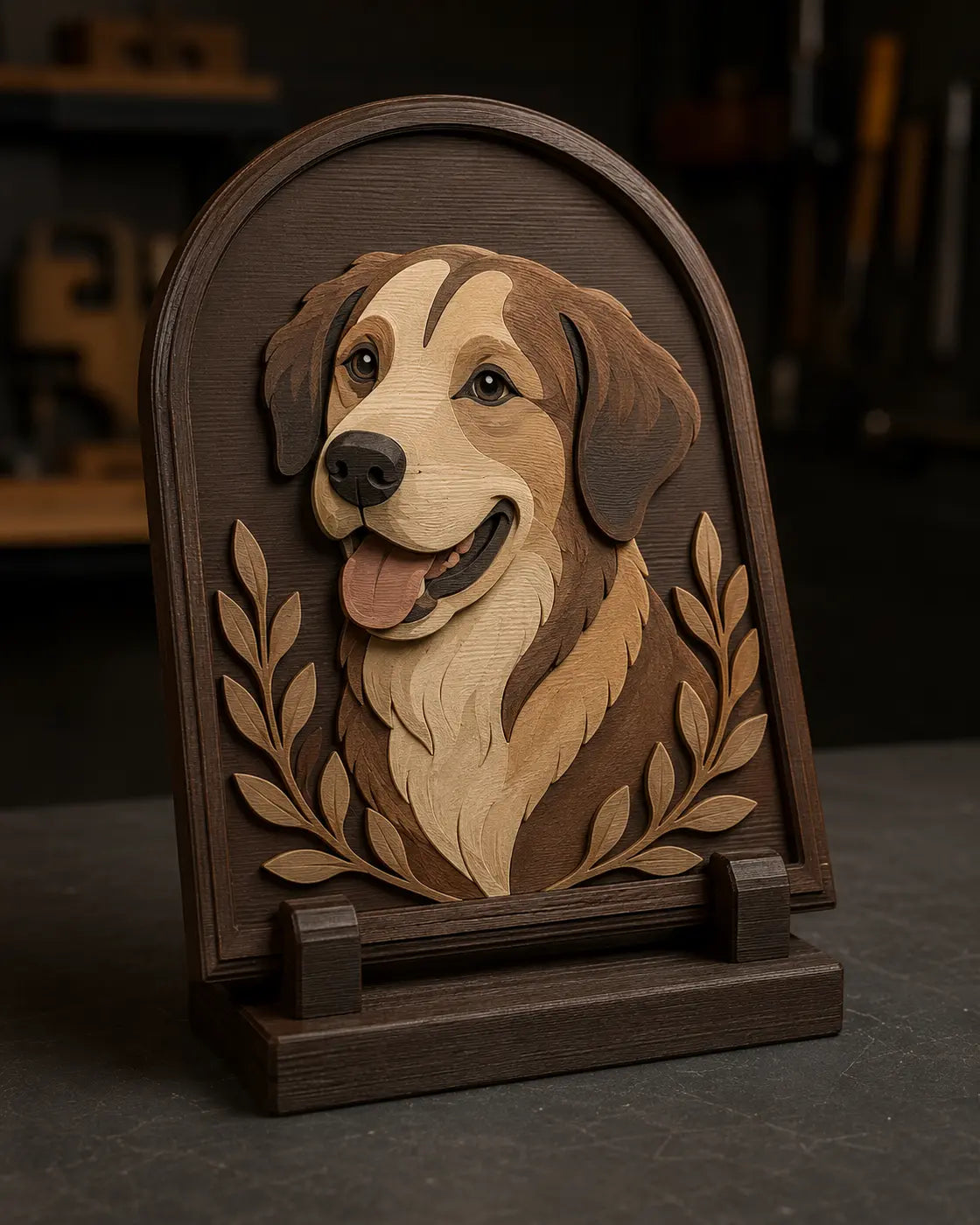 Wood-tone FDM printed dog memorial relief plaque